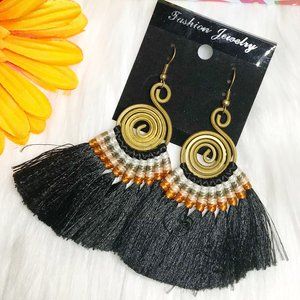 Boho Earrings Fan Tassel Hoop Drop Dangles Black